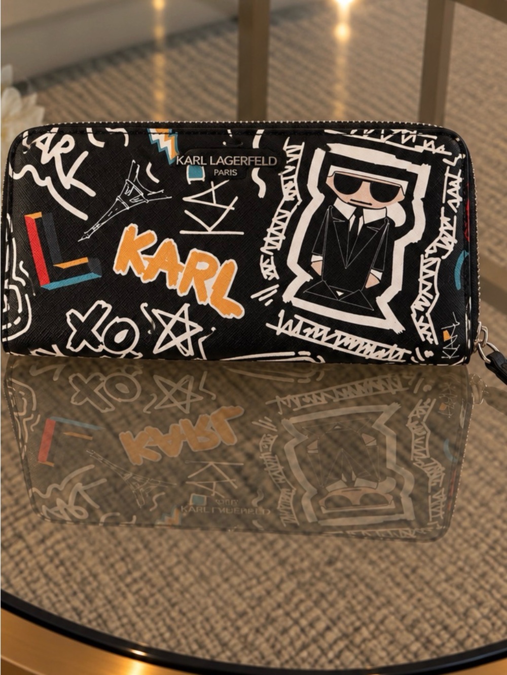 Karl Lagerfeld Black Graffiti Zip Wallet with Orange & Teal Accents